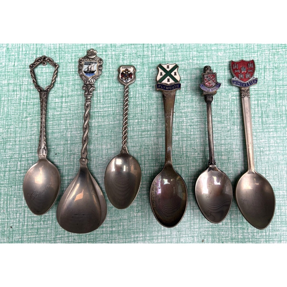 Vintage souvenir spoons EPSN WAPW pewter silver plate England coats of arms